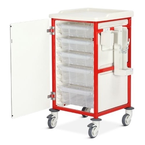 P-Bristol Maid - Compact Resuscitation Trolley - Tamper Evident Door, 3 X 100mm, 2 X 150mm Trays