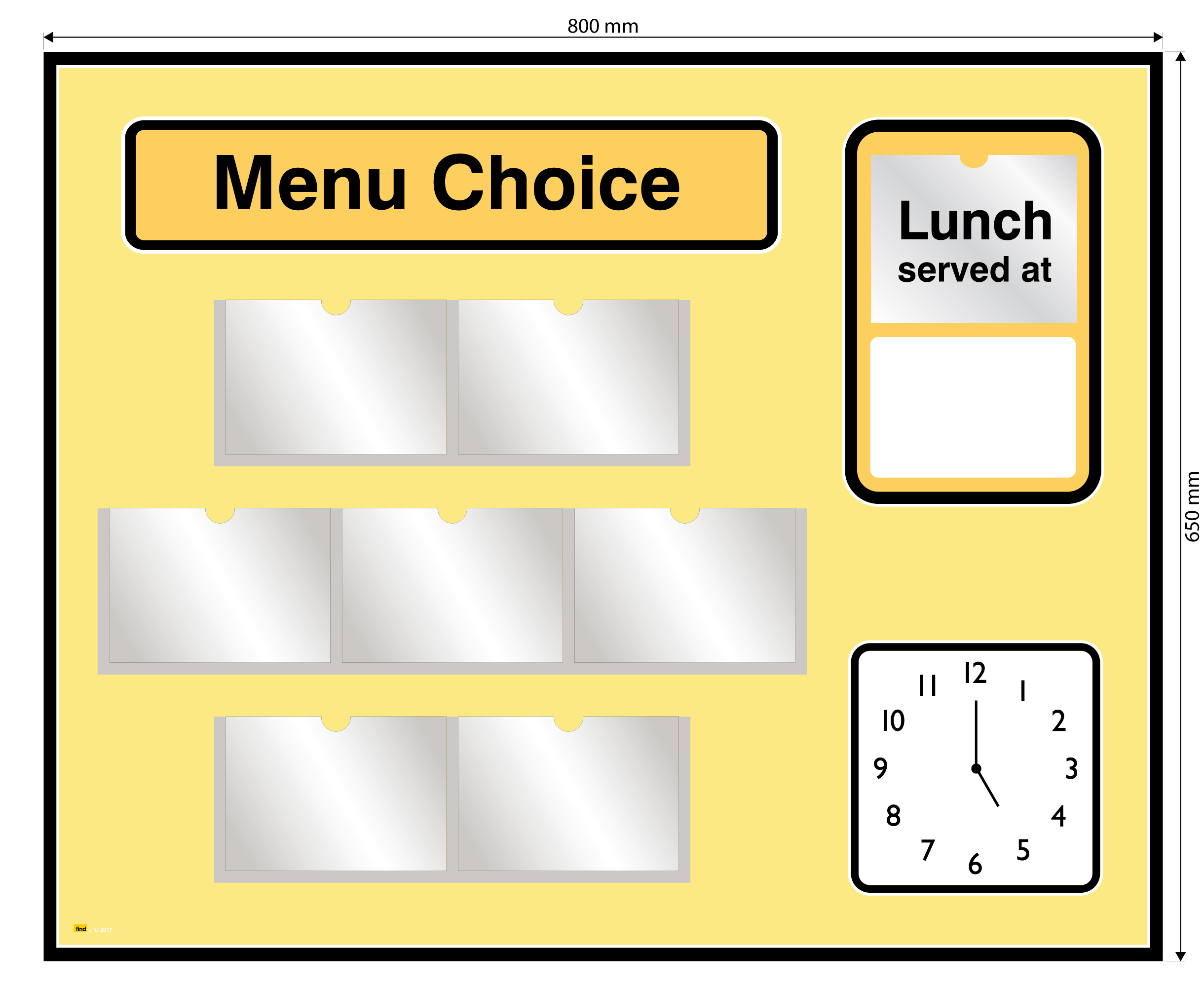 Picture Menu Board with analogue clock and free picture library - Yellow